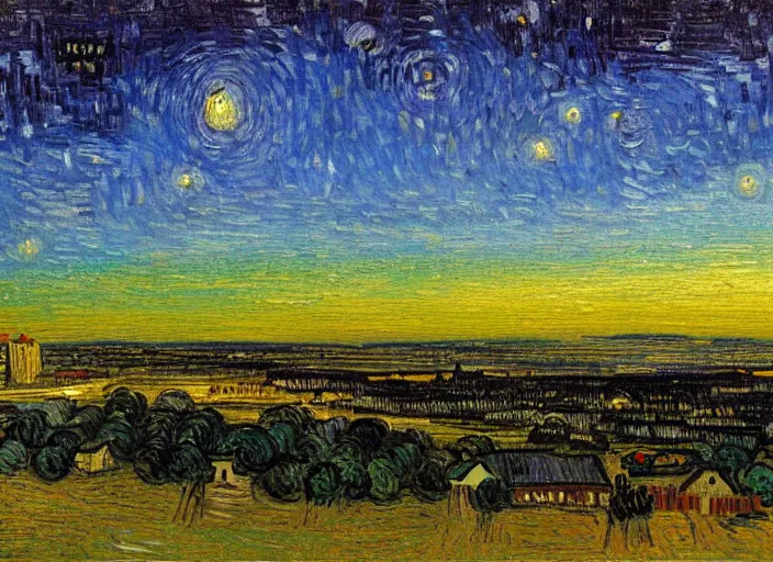 Prompt: painting of a ufo sighting above a city at dusk, in the style of vincent van gogh and edward hopper