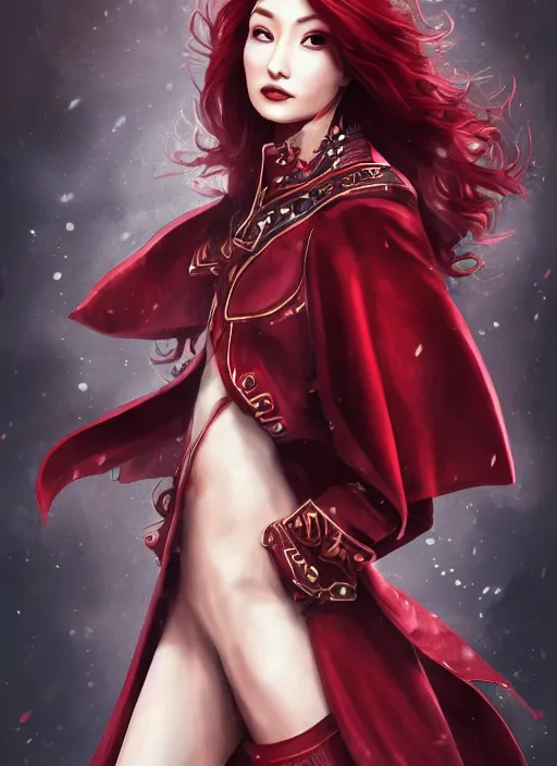 Prompt: a highly detailed illustration of meisa kuroki as a long dark red haired wearing wine red epaulette uniform and long coat cape, dramatic smiling pose, perfect face, intricate, elegant, highly detailed, centered, digital painting, artstation, concept art, smooth, sharp focus, league of legends concept art, wlop