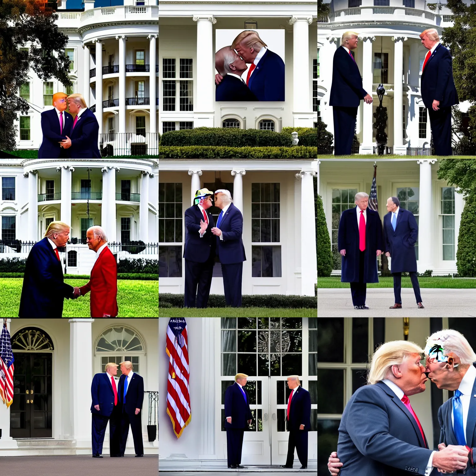 Prompt: Donald Trump and Joe Biden kissing in front of the white house, hyper realism, 4k