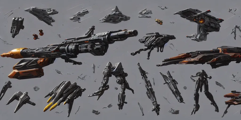 Prompt: futuristic sci - fi props and gadget, hard surface, collection, kitbash, parts, shape and form, in watercolor gouache detailed paintings, star citizen, modular, pieces, golden ratio, mobius, weapon, guns, destiny, big medium small, insanely details, wes anderson