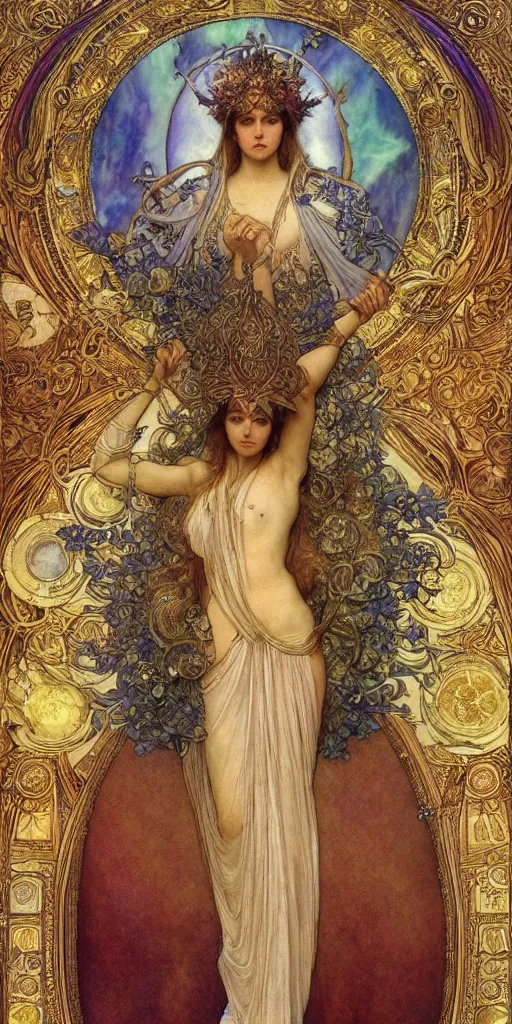 Image similar to saint woman, venus, athena, halo, queen, by alphons mucha and annie swynnerton and jean delville, strong dramatic cinematic lighting, ornate headdress, flowing robes, spines, flowers, stars, lost civilizations, smooth, sharp focus, extremely detailed, marble, gold, space