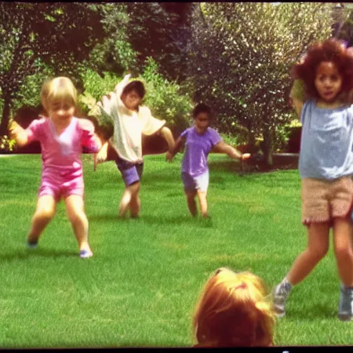 Prompt: still from a 90s home video of kids playing in the yard