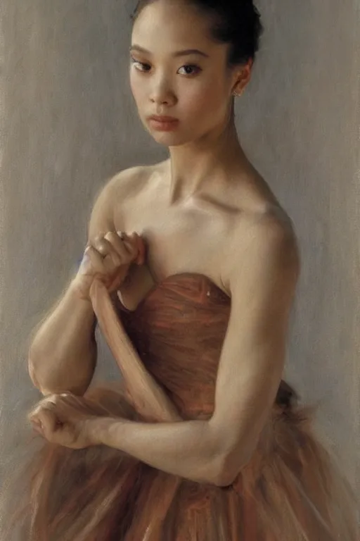 Image similar to portrait of a gorgeous graceful young filipina prima ballerina, by donato giancola and berthold woltze.