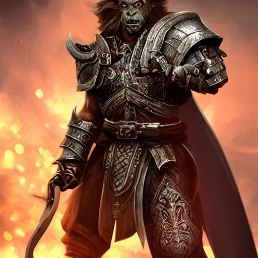 Prompt: full body portrait of half orc cleric, dungeons and dragons, male, wearing eye shadow, ornate armor, shallow depth of field, highly detailed, photograph, volumetric lighting, dynamic pose