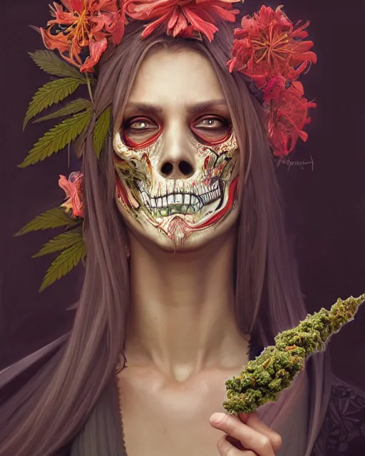 Image similar to portrait of grim reaper, burning face, upper body, decorated with cannabis flowers, intricate, elegant, highly detailed, digital painting, artstation, concept art, smooth, sharp focus, illustration, art by artgerm and greg rutkowski and alphonse mucha, 8 k