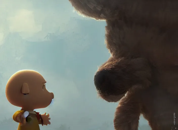 Prompt: close up cinematic artwork of Charlie brown staring down the enemy on the battlefield by Greg Rutkowski, 4k, masterpiece