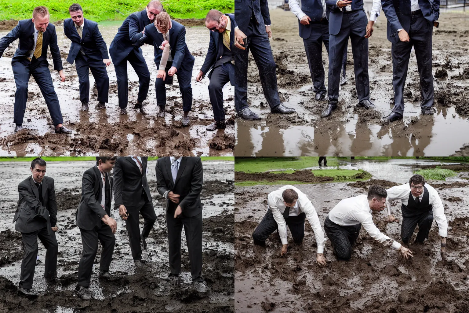 Prompt: men in business suits playing in a dirty puddle of mud, 4K photo award winning