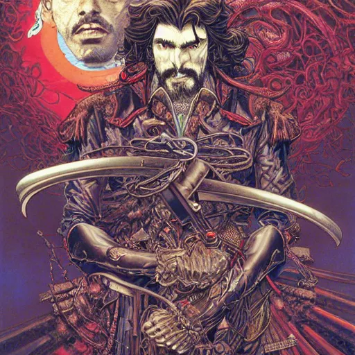 Image similar to portrait of crazy captain hook, symmetrical, hyper detailed, by yoichi hatakenaka, masamune shirow, josan gonzales and dan mumford, ayami kojima, takato yamamoto, barclay shaw, karol bak, yukito kishiro