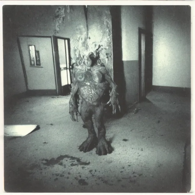 Image similar to found polaroid photo, flash, interior abandoned hospital, wired mutant creature standing