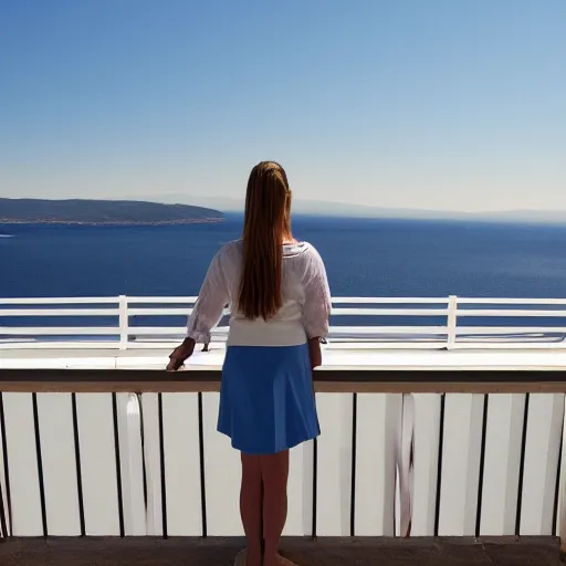 Prompt: the maiden standing on the balcony overlooking the aegean sea by andrew