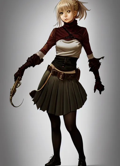 Image similar to portrait of a full body of beautiful young female detective, d & d, sleeveless turtleneck, pleated skirt, fantasy, flat lighting, intricate, highly detailed, digital painting, artstation, concept art, smooth, sharp focus, illustration, misa amane, art by simon bisley and greg rutkowski and alphonse mucha, natural tpose
