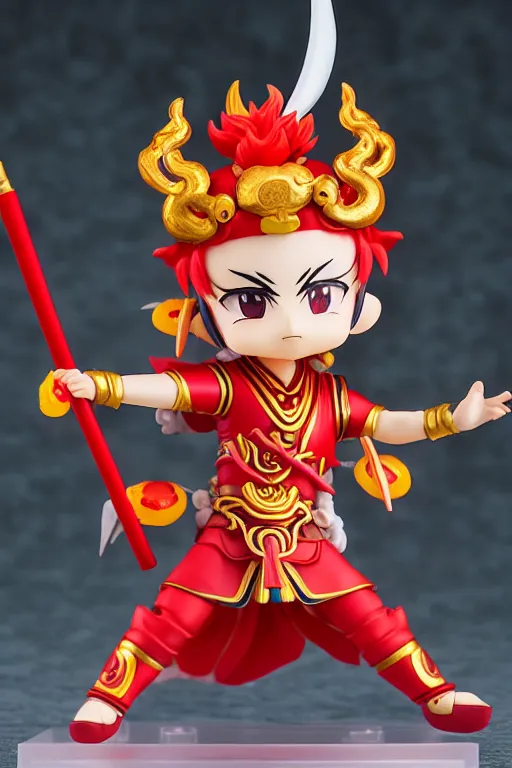 Image similar to arty chinese mythology ne zha nendoroid full body hyperdetalied, hero pose, osamu tezuka, macoto takahashi, chibi, q posket, 8 k realistic, 3 d, cryengine, exquisite, red cloth around his shoulders, hold spear, ne zha ( 2 0 1 9 ), fenghua zhong,