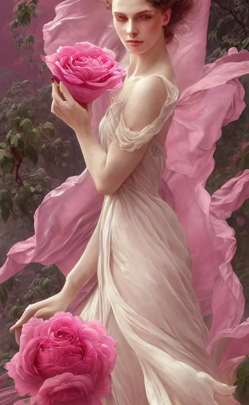 Image similar to !!beautiful!! woman dressed in a vaporous wrapped large victorian pink roses silk semi-transparent dress fashion is running, fantasy, intricate, elegant, highly detailed, digital painting, trending on artstation, concept art, matte, sharp focus, illustration, art by Artgerm and Greg Rutkowski and Alphonse Mucha