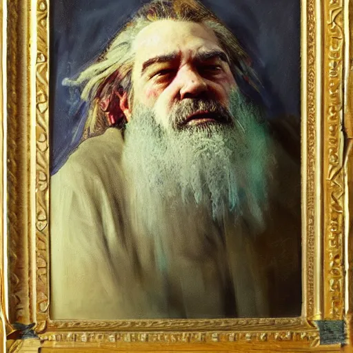 Prompt: Solomon Joseph Solomon and Richard Schmid and Jeremy Lipking victorian genre painting portrait painting of a old rugged actor dwarven king warrior in armor from the hobbit , red background