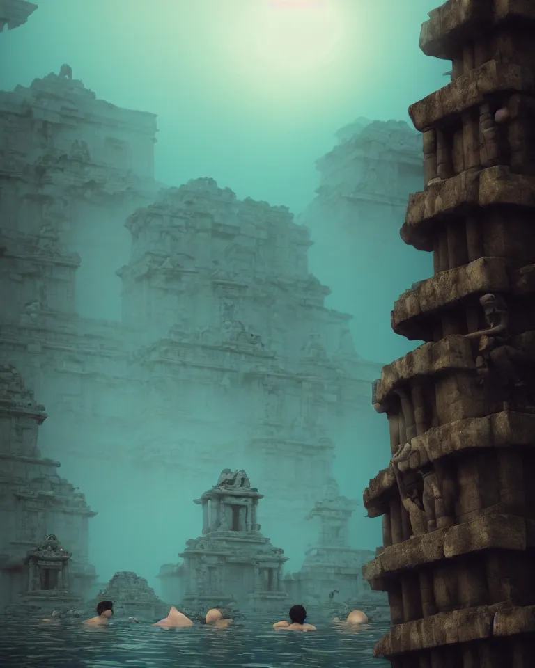 Image similar to full color, low wide shot of submerged pre - incan temple, underwater, statues, anime style mixed with fujifilm, dark, foggy, atmospheric, artstation, cgsociety, octane render, cgi, unreal engine 5, denoise, detailed, cinematic masterpiece