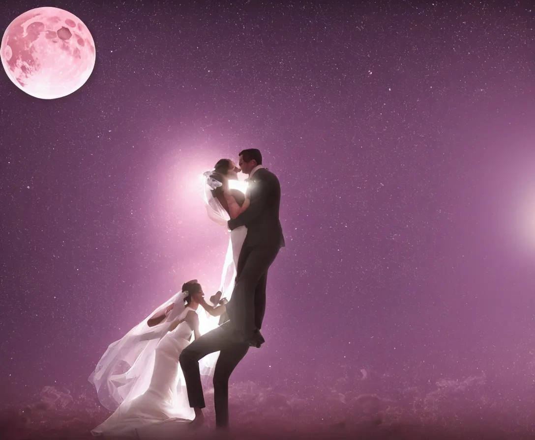 Prompt: bride and groom have their gorgeous wedding dance on a picturesque pink moon with stars on a pink background behind it, incredibly detailed, anatomical, beautiful, ray traced, 8 k, uhd, soft natural lighting, volumetric lighting