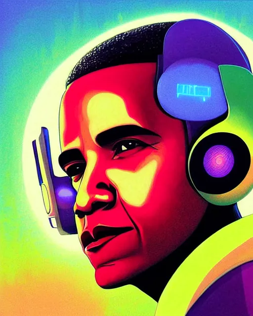 Image similar to obama as future coder man looking on, sleek cyclops display over eyes and sleek bright headphoneset, neon accent lights, holographic colors, desaturated headshot portrait digital painting by dean cornwall, rhads, john berkey, tom whalen, alex grey, alphonse mucha, donoto giancola, astronaut cyberpunk electric