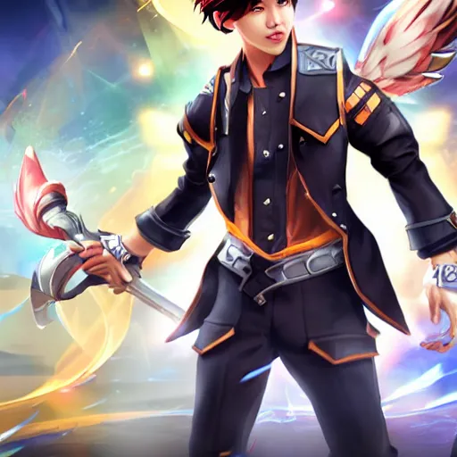 Image similar to a member of the band exo as a mobile legends hero, 8 k, high definition, extremely detailed, full body,