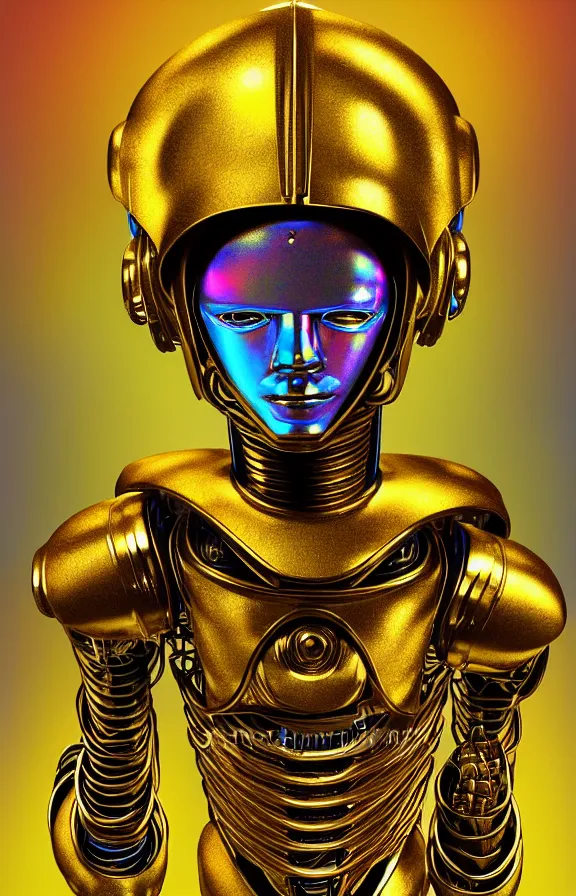 Image similar to portrait of a robot humanoid alien with golden armature and medieval helmet. Galactic iridescent background in the style of Tim white and moebius