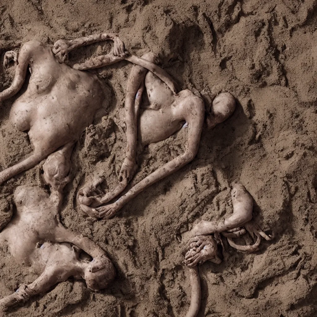 Image similar to overhead view a woman's corpse connected by an umbilical cord to a baby buried under sand, mud and rusty pipes, faded, depth of field,, ultra realistic, very detailed, by hans bellmer and nadav kander, 8 k hyper realistic detailed cinematic still