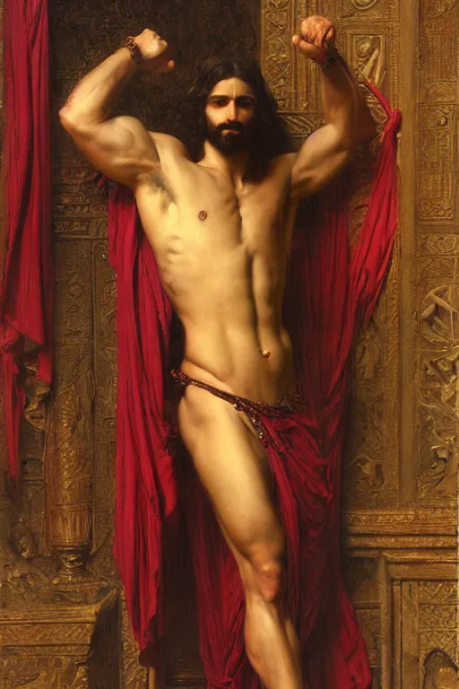Image similar to muscular greek king, orientalist intricate portrait by john william waterhouse and edwin longsden long and theodore ralli and nasreddine dinet, hyper realism, dramatic lighting