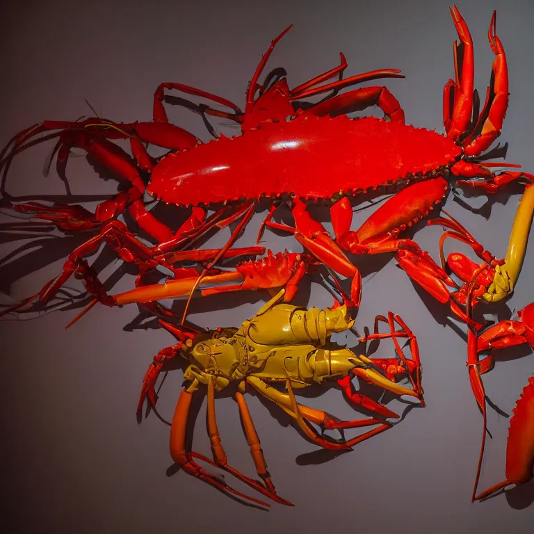 Prompt: fluxus performance of primary colors light projection onto several giant lobsters in a cramped art gallery, high contrast hyperrealism trending on arstation 8 k