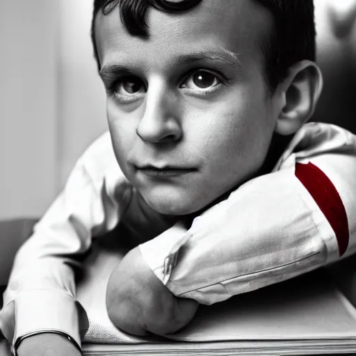 Image similar to closeup portrait of a tiny emmanuel macron dressed as napoleon standing on a desk, macro photo, bokeh, natural light, sharp, detailed face, magazine, press, steve mccurry, david lazar, canon, nikon, focus