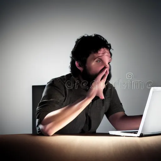 Image similar to sad person arguing with a laptop, stock image