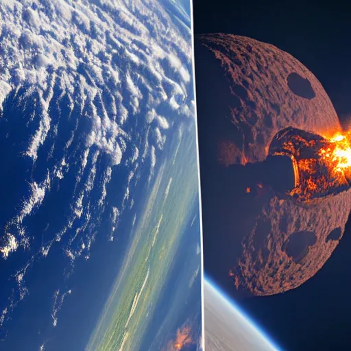 Prompt: photograph from the international space station window as planet earth splits in half following a large asteroid impact, fire explosions