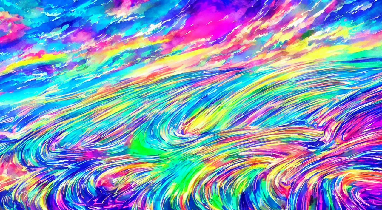 Prompt: A neon wonderland with a rainbow sky with waves of every color of the rainbow in the sky, wavelike clouds, rainbow flowing clouds, vivid landscape, award-winning anime style, wallpaper, relaxing, bright, Watercolor expressionist, comic book style, manga style