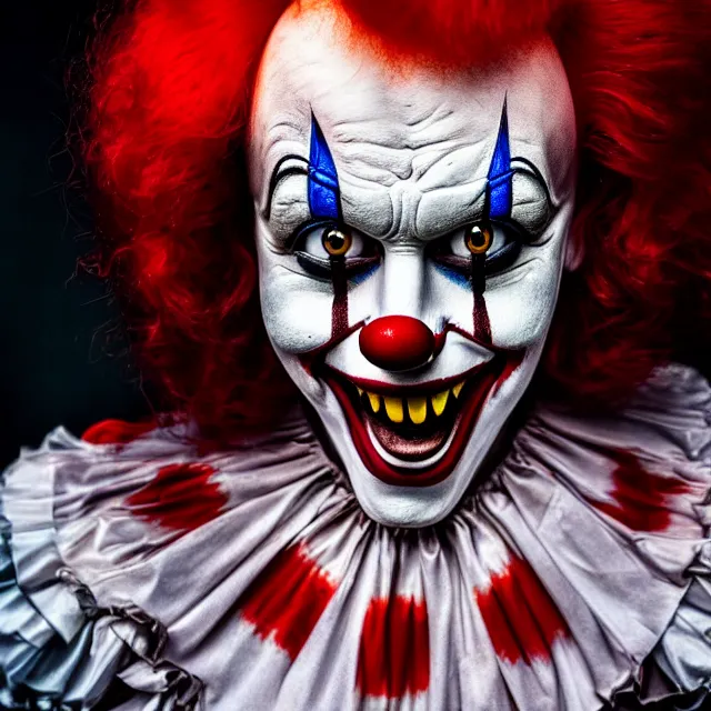 Image similar to full length photo of a beautiful female killer clown, highly detailed, 8 k, hdr, close up, smooth, sharp focus, high resolution, award - winning photo