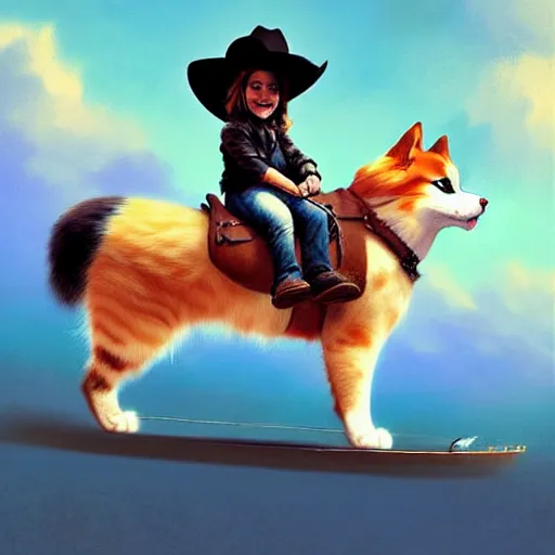 Image similar to fluffy cat in cowboy hat like a tiny girl riding on the back of a giant corgi by greg rutkowski