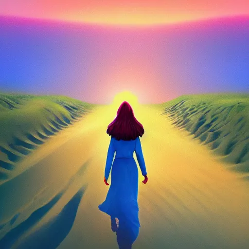 Image similar to closeup big dahlia flower under head, a girl walking between dunes, surreal photography, sunrise, blue sky, dramatic light, impressionist painting, digital painting, artstation, simon stalenhag