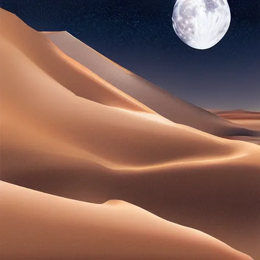 Image similar to midnight dunes of Arabia, the moon hanging in a starry sky, artstation, felix Kelly, Darrell K Sweet, digital art, concept art, d and d art