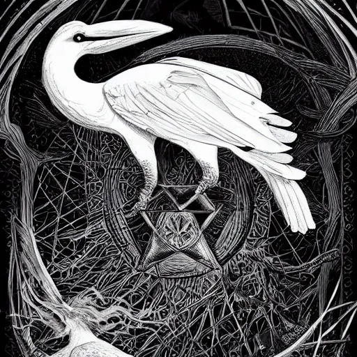 Image similar to white crow bringing rabbit leg to a occult witch by Android Jones and M. C. Escher collaboration, futurist, digital art, dramatic lighting