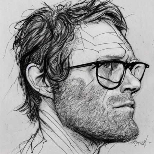 Image similar to a realistic yet scraggly portrait sketch of the side profile of a stern and sophisticated paul bettany, trending on artstation, intricate details, in the style of frank auerbach, in the style of sergio aragones, in the style of martin ansin, in the style of david aja, in the style of mattias adolfsson