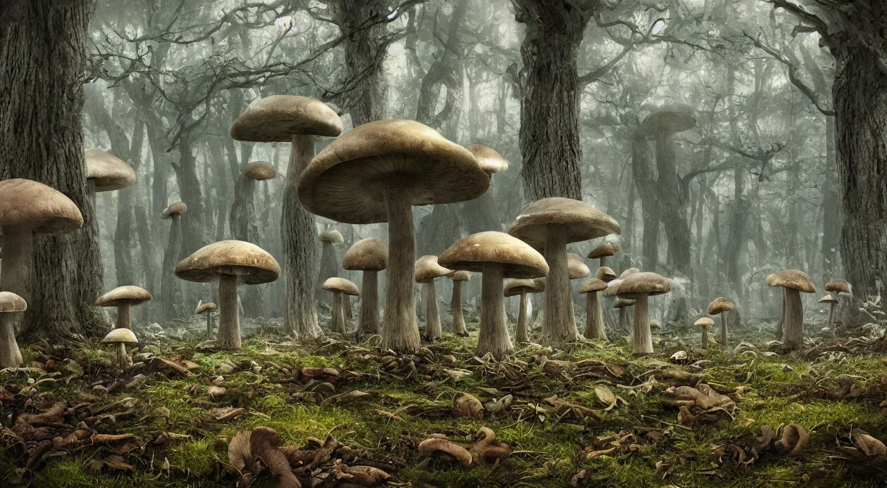 Prompt: Mushroom forest, realistic matte painting,