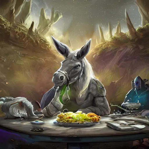 Image similar to zoom out, ultrarealistic, ultradetailed, war donkey eating breakfast, sitting on a futuristic table with aliens, at the end of the universe, very very very ultradetailed, epic fantasy style art, fantasy epic digital art, epic fantasy art, hearthstone style art, pathfinder, dungeons and dragons, floral, planets, stars, galaxies, highlights, organic, concept art