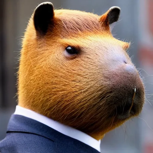 Image similar to capybara head, a man wearing a suit capybara head