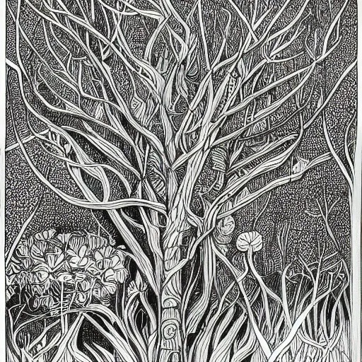 Image similar to an intricate drawing of the australian bush by mc escher, line art, celtic, illustration