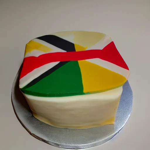 Image similar to slice of cake, the side of the cake is colored with the pattern of the south african flag, south african flag cake