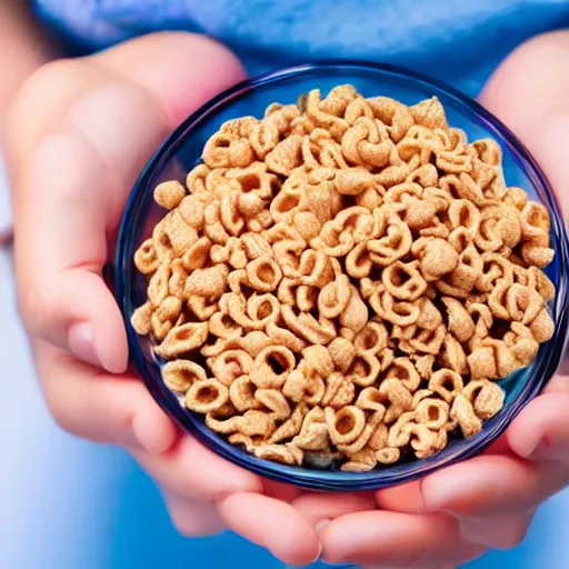 Prompt: a woman holding thunder in her hands over a bowl of cereal