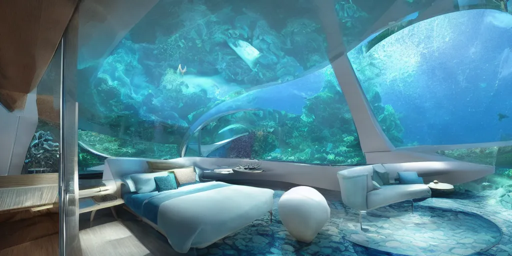 Image similar to interior of an underwater home that is an undersea dome with windows