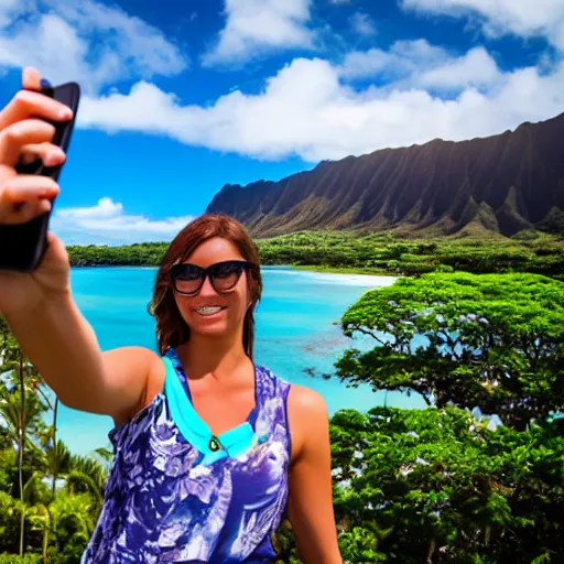 Prompt: A tourist taking a selfie at a tourist resort in Hawaii