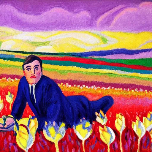 Prompt: Portrait of a man lying in a field of tulips by Robert Delaunay, colorful, hopeful, detailed, sunrise, light colors