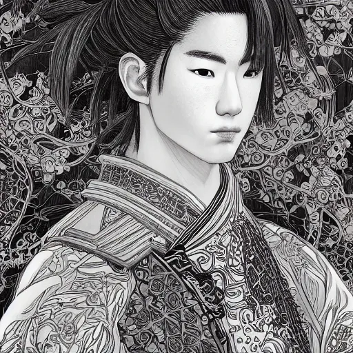 Image similar to the portrait of an unbelievably beautiful, elegant, sensual, and sophisticated young japanese samurai, an ultrafine detailed illustration by james jean, intricate linework, bright colors, final fantasy, behance contest winner, vanitas, angular, altermodern, unreal engine 5 highly rendered, global illumination, radiant light, detailed and intricate environment