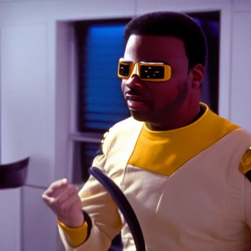 Image similar to Geordi LaForge wearing visor and a colander and random kitchen tools on his head