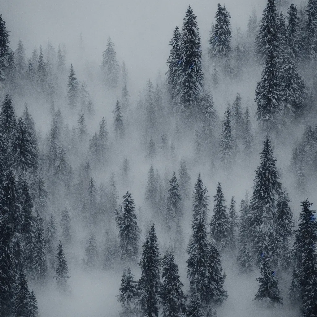 Image similar to monochrome and eerie photograph of misty forests and snow topped mountains