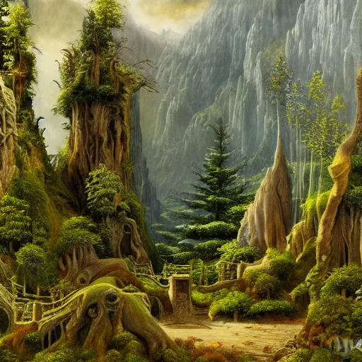 Prompt: A beautiful and highly detailed oil painting of an elven temple in the mountains, detailed trees and cliffs, intricate details, rivendell, 8k, sharp focus, hyper realism, by Caspar Friedrich,