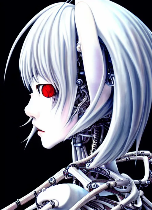 Image similar to Rei Ayanami by Yoshitaka Amano, by HR Giger, biomechanical, profile portrait, 4k, wide ayes, hyper detailed, hyperrealism, anime, a Blood Moon rising on a Broken World 4k very detailed deviantart artstation